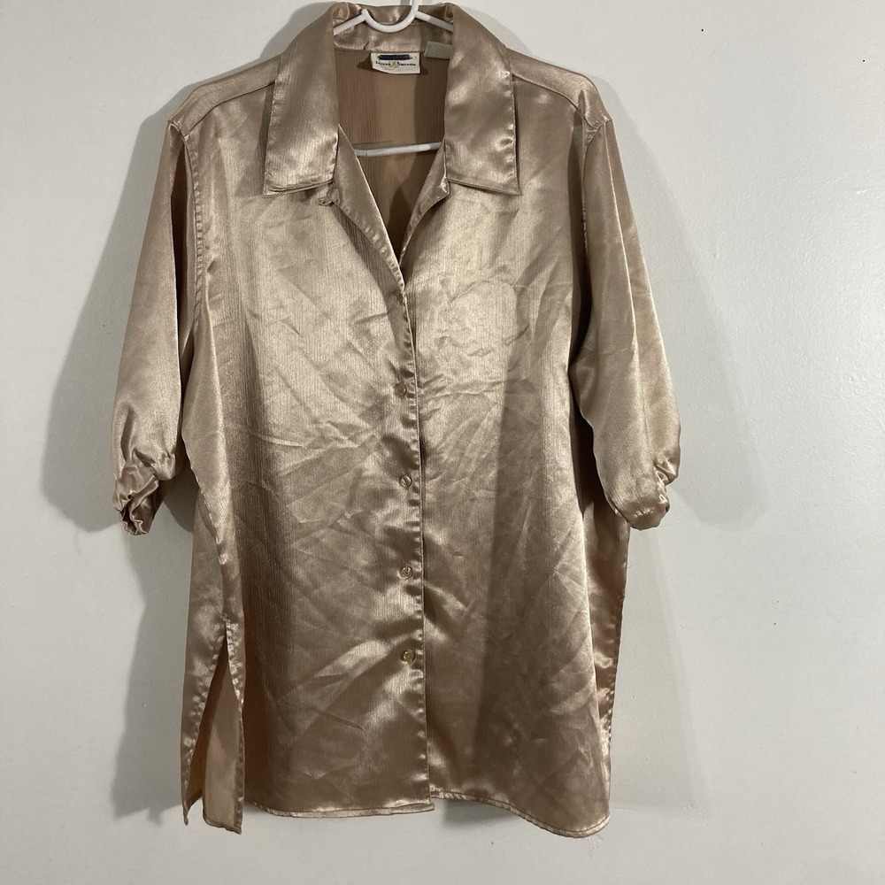 VTG Jaclyn Smith Champagne Gold Satin Blouse Shirt Size 18 Button Up Shiny L/S
